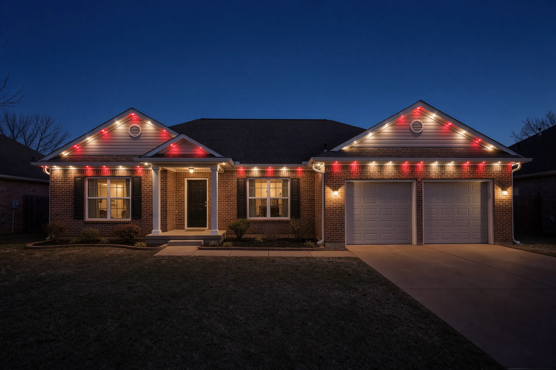 Single-story brick ranch home with a two-car garage at night, with red and warm white lights along the front gables, porch roofline and garage eaves